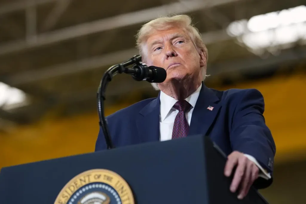 A dual graphic featuring a gas pump displaying rising prices next to a digital portrait of Donald Trump and a downward-pointing Brent crude chart.